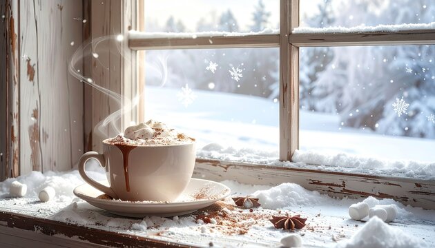 Warm hot chocolate with whipped cream and cinnamon sugar sits on a snowy windowsill with frosted window panes and snow covered trees visible outside during a gentle snowfall