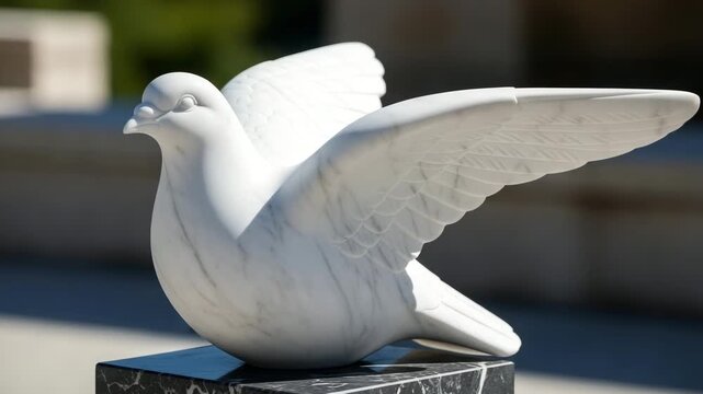 White marble dove sculpture with spread wings on stone base,   , victory, world and optimism