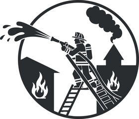 A firefighter on a ladder spraying water on flames in a black and white vector style, ideal for fire safety awareness