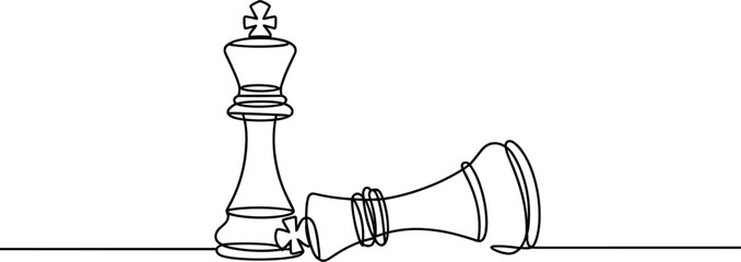 Single Line Drawing of Two Chess King Pieces One Standing One Fallen Keywords: chess, king, piece, game, strategy, board game