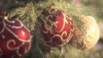 Close-Up of Red and Gold Christmas Ornaments