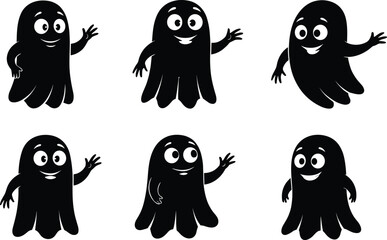 Cartoon Ghost Characters with Smiling Faces, Black Silhouettes, White Eyes, Friendly Gestures, Halloween Theme, Playful Design, Children’s Style, Whimsical Mood