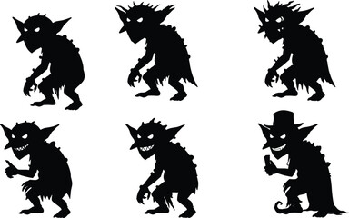 Cartoon Goblin Silhouettes with Spiky Hair and Expressive Poses, Black Figures in Stylized Stances, Fantasy Creature Design, Whimsical Character Theme