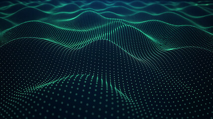 Abstract digital wave with glowing green particles floating on dark background