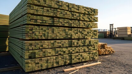 A large stack of lumber in a lumberyard with a forklift in the background on a sunny day outside