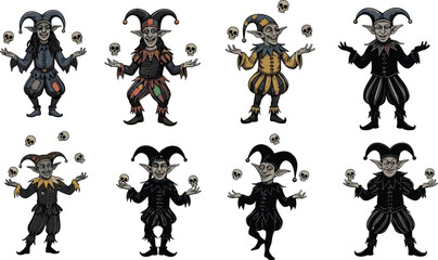 Cartoon Jester Silhouettes with Hats, Skulls, and Expressive Costumes, Black Figures in Stylized Poses, Fantasy Character Design, Whimsical Gothic Theme