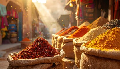 Vibrant Spices Displayed in Burlap Sacks Under Warm Sunlight in a Bustling Outdoor Market