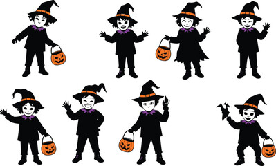 Cartoon Witch Characters in Black Costumes with Halloween Props, Pointy Hats and Purple Collars, Whimsical Poses, Festive Theme, Stylized Design