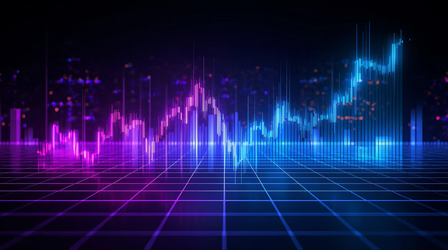 Abstract Financial Stock Market Chart with Growing Trendlines in Neon Colors Background