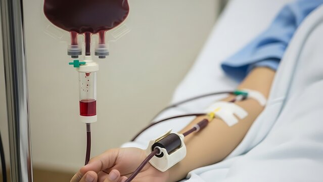 Patient receiving a blood transfusion in a hospital setting