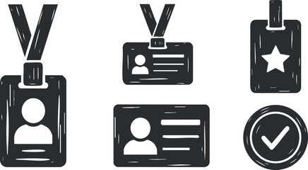 A collection of identity badges and cards in black and white vector style, ideal for security and professional use