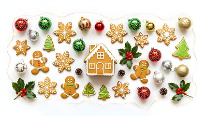 Holiday flat lay of gingerbread house, assorted cookies, and ornaments