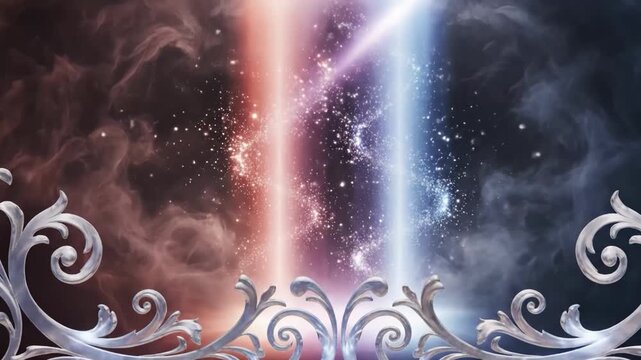 Ethereal cosmic background with sparkling light beams and ornate silver border