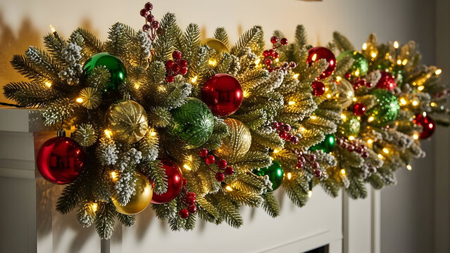 Festive christmas garland with red, green, gold ornaments and twinkling lights