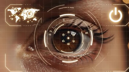 Human eye with futuristic digital interface overlay and biometric scanning - Powered by Adobe