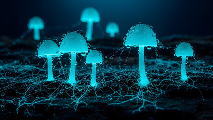 Enchanting blue bioluminescent mushrooms with shimmering water droplets, interconnected by a glowing mycelial network on dark earth, evoking a mystical forest scene.