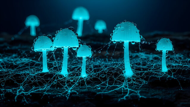 Enchanting blue bioluminescent mushrooms with shimmering water droplets, interconnected by a glowing mycelial network on dark earth, evoking a mystical forest scene. - Powered by Adobe