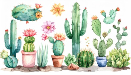 Watercolor Painting Collection of Various Desert Cacti and Succulents Blooming with Pink and Yellow Flowers Against a White Background
