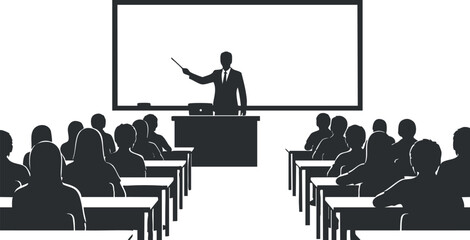 A silhouette of a teacher presenting to students in a classroom setting in minimalist black and white vector style, suitable for educational materials and training programs
