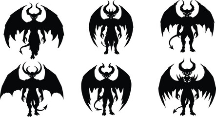 Demonic Silhouettes with Horns, Wings, and Tails, Black Figures in Stylized Poses, Fantasy Creatures, Gothic Design, Halloween Theme, Mythical Beings