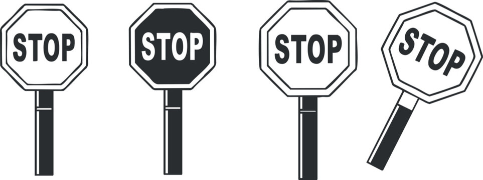 A set of four stop signs in various styles including outline and filled black and white vector design, suitable for traffic and safety-related projects