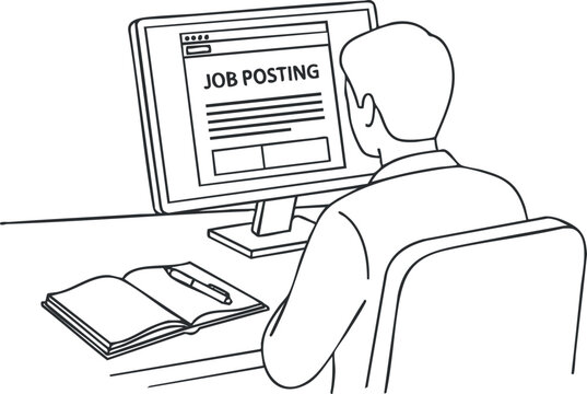 A person sitting at a desk looking at a job posting on a computer screen in a minimalist outline vector style, ideal for career-related content