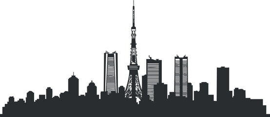 A silhouette of Tokyo skyline featuring the Tokyo Tower and various skyscrapers in black vector style, ideal for travel and city-themed designs
