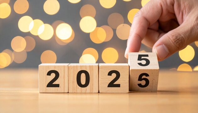 Wooden blocks flipping from “2025” to “2026” with hand gesture, set against sunny outdoor background.