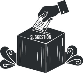 A suggestion box with a hand inserting a paper slip in black and white vector style, ideal for civic engagement and feedback systems