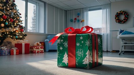 A festively wrapped Christmas gift box on the floor of a children's hospital or medical office. The concept of charity, holiday support, pediatric care, and a festive atmosphere in medical facilities.