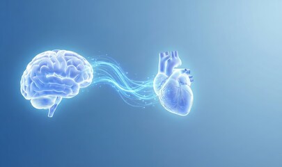 Glowing brain and heart connection, emotional intelligence and mind–body energy concept on blue background