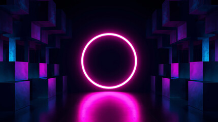 Abstract Glowing Neon Circle Portal with Geometric Cubes and Dark Reflective Floor Futuristic Backdrop