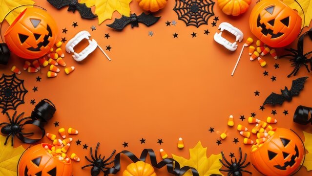 Halloween themed flat lay with pumpkins bats spiders and candy corn on an orange background