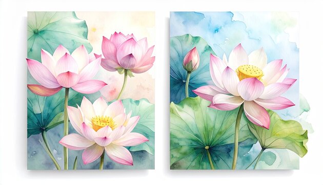 Watercolor painting of pink lotus flowers with green lily pads and a soft blue sky background in natural light - Powered by Adobe