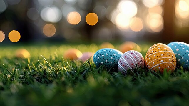 Close-up of colorful decorated Easter eggs resting on green grass outdoors, with a blurred background of bokeh lights. - Powered by Adobe