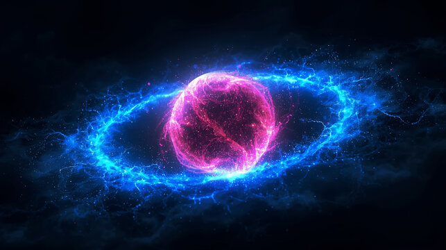 Abstract glowing orb with blue energy halo against a dark cosmic background design