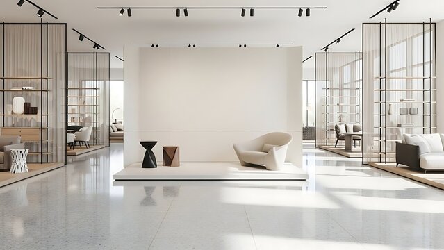 Spacious modern furniture showroom with minimalist decor and track lighting.