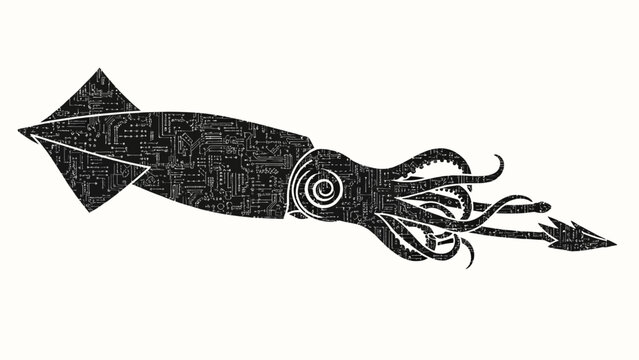 Detailed black and white illustration of a squid swimming gracefully.