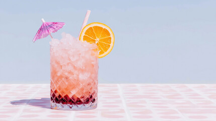Celebrate Cocktail Straw Day with a colorful, refreshing cocktail topped with an umbrella and orange slice on a sunny day