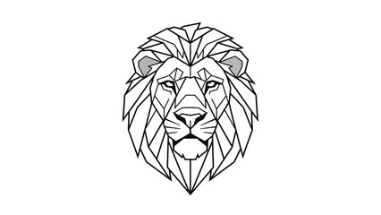 Geometric lion head illustration with intricate lines and details on white background.