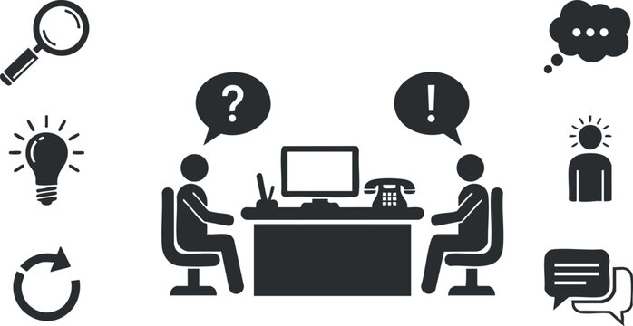 A business consultation scene with two people discussing ideas at a desk in minimalist black and white vector style, ideal for corporate presentations and teamwork illustrations