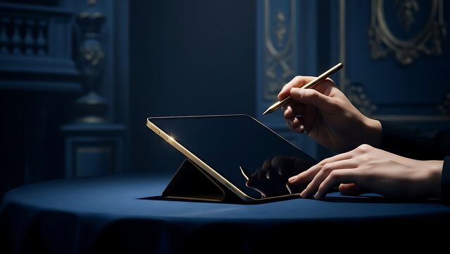 Elegant hands signing a document on a luxury golden tablet with a stylus pen.