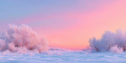 Winter nature background with soft pink sky over snowy fields, pastel cold-warm harmony, smooth gradients