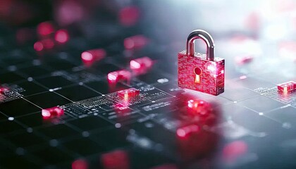 A digital padlock sits on a circuit board, symbolizing data security and protection. The image has a futuristic aesthetic with red lighting.