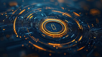 Close-up of a circuit board with a digital security lock symbol, representing data protection and cyber security in a futuristic technology context.