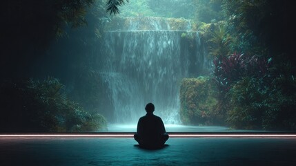 Person meditating near a waterfall