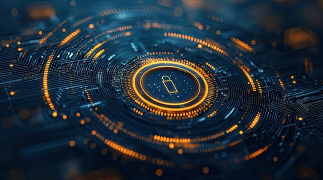 Close-up of a circuit board with a digital security lock symbol, representing data protection and cyber security in a futuristic technology context. - Powered by Adobe