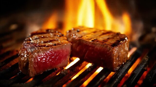 Two beef steaks sear on a grill pink centers crackling fat, flames licking the sizzling surface now