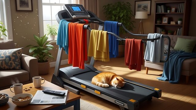 Lazy Fitness: Ginger Cat Napping on a Treadmill Covered with Clothes in a Home Living Room