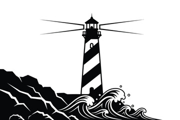 Lighthouse by the sea on rocky coastline with waves silhouette vector illustration